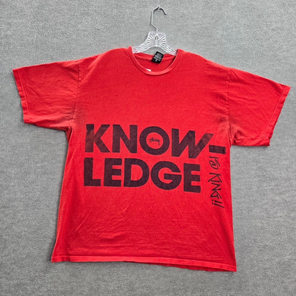VINTAGE Stussy Men Shirt XL Red Logo Knowledge Is King Y2K Distressed READ